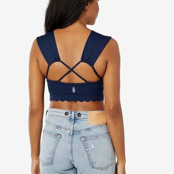 NWT Free People Suns Out Cami Blue Navy Cropped Tank Crisscross Scalloped Hem - Picture 5 of 12